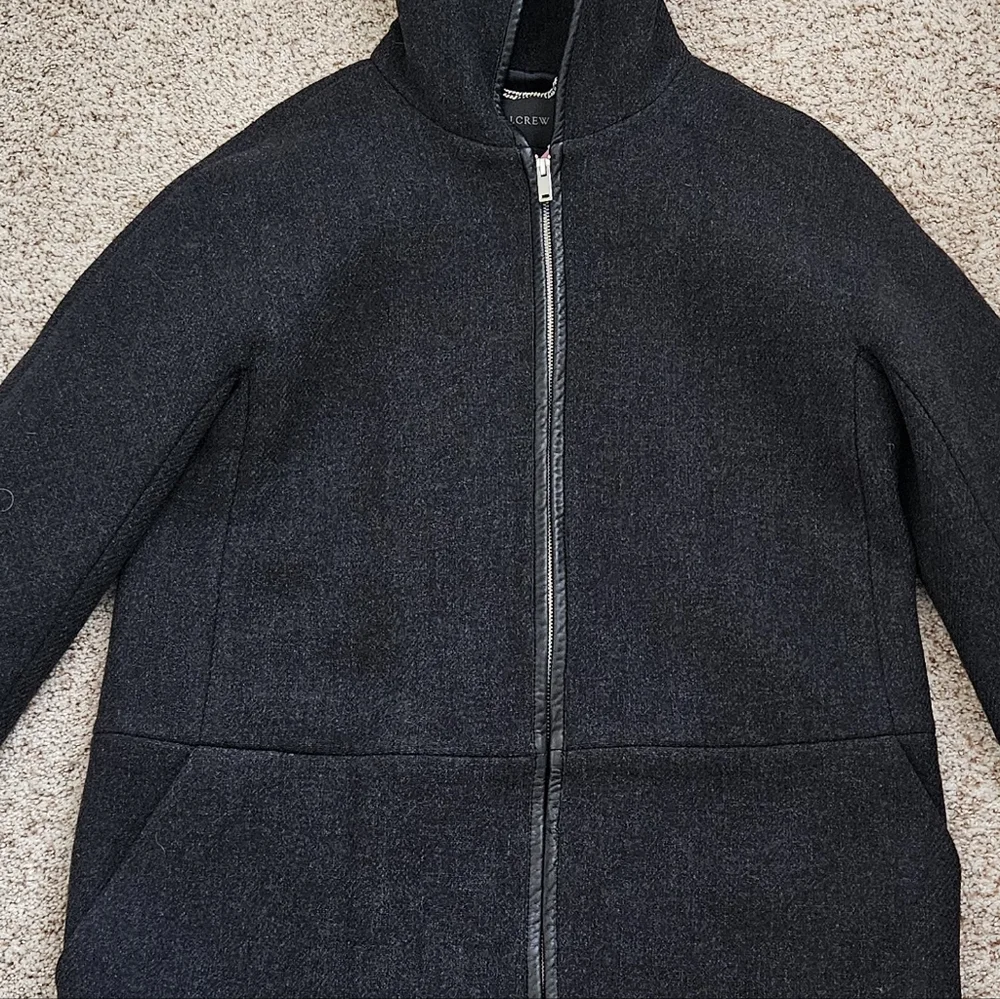 J. Crew Stadium Cloth Dark Gray Wool Blend Hooded Leather Trimmed Coat - Picture 5 of 11